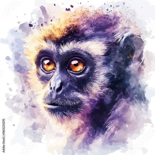 Gibbon, semi-realistic fantasy look, realistic form with magic elements, watercolor artwork, isolated on white