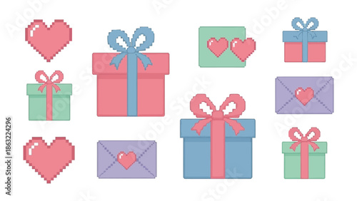Digital Valentines Collection: charming pixelated hearts, gift boxes with ribbons, and envelopes. conveying affection and love. Designed with simplicity, perfect for digital use.