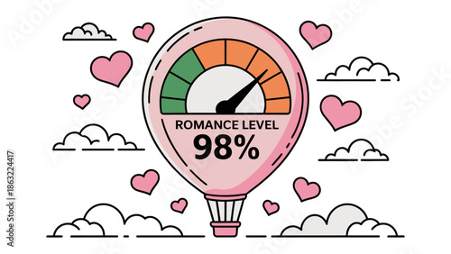 Romance Level: Illustration of a hot air balloon with a meter indicating 98% romance level, surrounded by hearts and clouds. Evoking a sense of love, affection, and emotional intensity. 