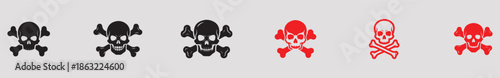A collection of skull and crossbones symbols in black and red colors for warning or danger signs