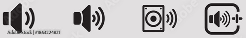 A set of four black sound icons on a gray background representing different audio volume and playback controls