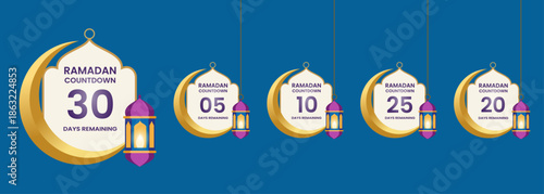 Set of ramadan countdown graphics featuring thirty twenty five twenty ten and five days. Islamic banner collection with crescent moon and hanging lanterns. Flat vector elements.