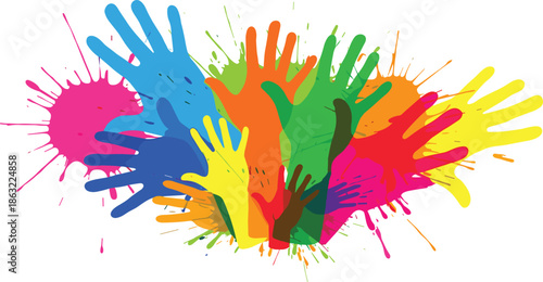 Colorful handprints with paint splashes in vibrant hues like red, blue, green, yellow, and pink, representing creativity, diversity, and artistic expression in a dynamic design.