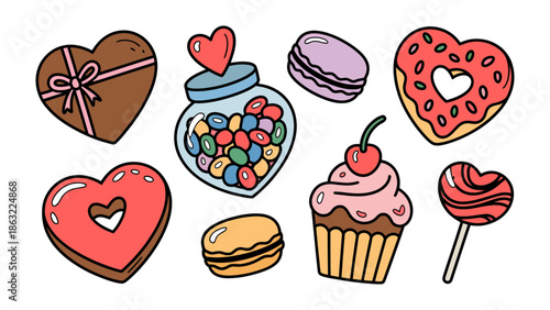 Sweet Surrender: A tempting selection of heart-shaped treats including chocolates, donuts, macarons, and a cupcake, designed to stir the senses with irresistible deliciousness.