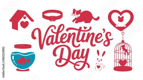 Valentine's Day Pet Theme: An ensemble of charming vector illustrations showcasing the love for animals during Valentine's Day. Featuring a playful heart-themed aesthetic