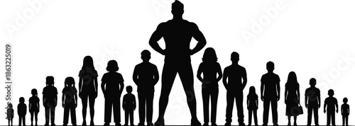 Silhouette of superhero man standing confidently with group of people behind, leadership power and motivation concept vector illustration design.