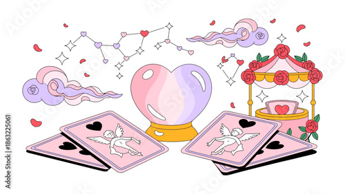 Whimsical Valentines Elements: A dreamy collage of Valentine's Day themed elements, including a heart-shaped crystal ball, cupids, tarot cards, rose garlands, and constellations.