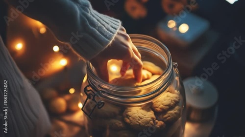 Wallpaper Mural Hand reaching into jar of cookies illuminated by warm light Torontodigital.ca