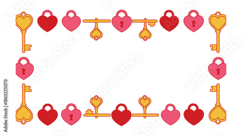 Keys and Locks of Love: A symmetrical composition of heart-shaped locks and keys arranged to frame a message, an emblem of everlasting love, each element a symbol of unity, connection.