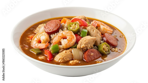 Bowl of jambalaya with shrimp, sausage, chicken, and vegetables isolated on transparent background
