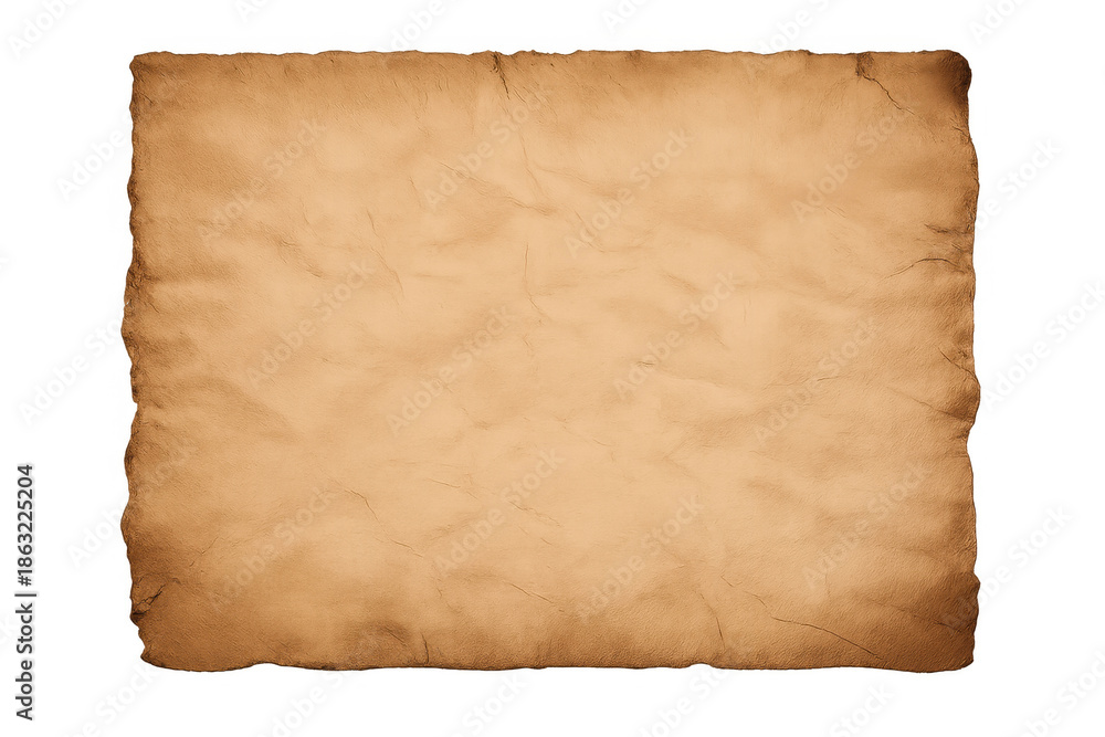 Fototapeta premium Vintage parchment paper with crumpled texture and burnt, torn edges, isolated on a transparent background