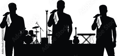 Silhouette of three male singers performing on stage with musical instruments, microphone, and concert band setup in background illustration.