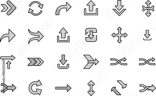 Vector illustration of various directional and rotation icons, including arrows, up, down, left, right, and refresh symbols, perfect for navigation, UI, and interactive designs.