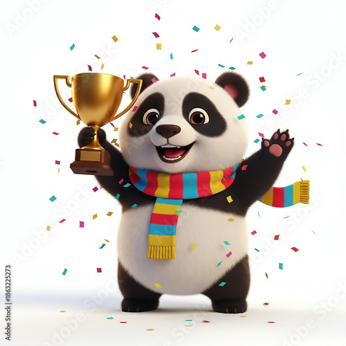 Panda raising trophy