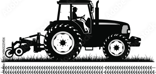 Silhouette of tractor with driver pulling farming equipment over grass, showcasing agricultural machinery and land cultivation in action.