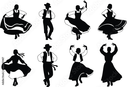 Dancing women silhouettes in fashionable poses with bags and dresses