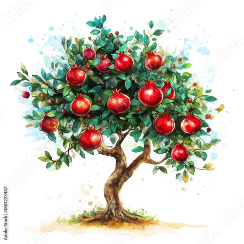 Pomegranate Tree, semi-realistic fantasy watercolor illustration, magical accents, isolated on white background