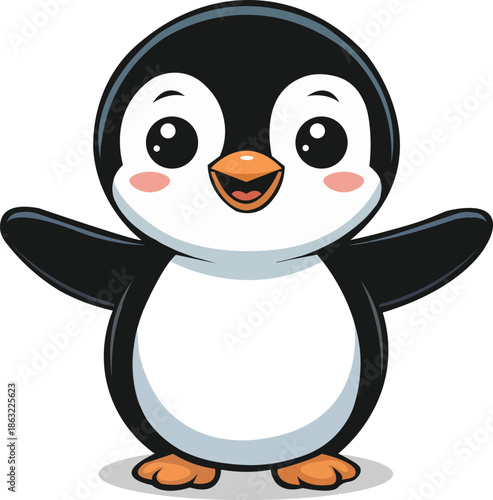 Adorable cartoon penguin cheerfully presents with outstretched wings and rosy cheeks