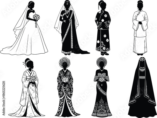 Set of fashion women silhouettes in dresses, wedding, and retro style vector illustration