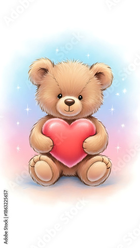Teddy bear holding a heart in a whimsical pastel environment via RJ Whisk Auto