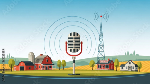 Rural Radio Broadcast with Microphone and Tower near Farmhouses