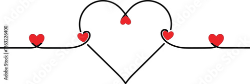 Heart shaped line with smaller hearts on a white background