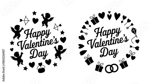 Valentine's Day Emblems: Delightful silhouettes of cherubic figures and charming symbols create a heartwarming celebration of affection and love for Valentine's Day.