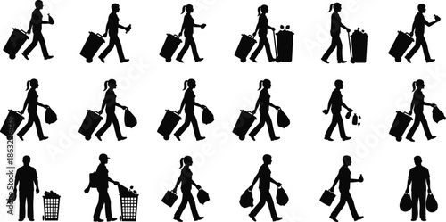 Silhouette of people carrying trash bags and pulling wheelie bins while walking, collection of garbage disposal icons, waste management and recycling chore concepts