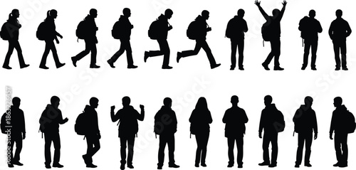 Silhouette collection of students with backpacks walking running standing and celebrating isolated on white background for back to school education and lifestyle vector concepts