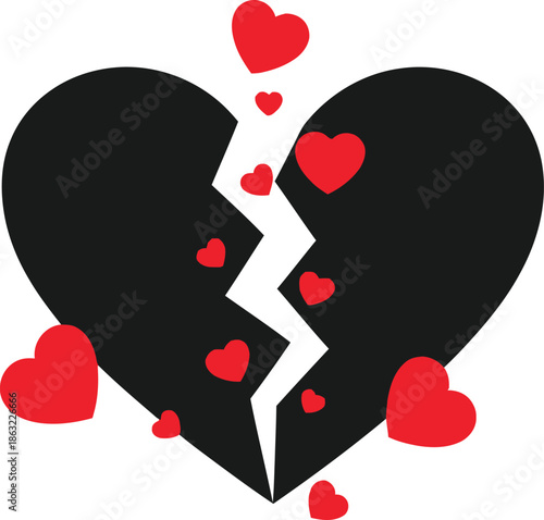 Broken heart with floating red hearts on white background