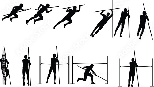 Silhouette sequence of a pole vault athlete practicing track and field sports stages from approach run to takeoff and landing isolated on white background