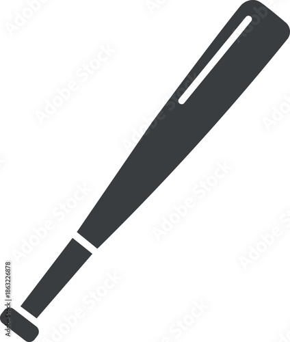 A simple black silhouette of a baseball bat on white background