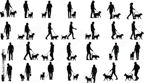 Silhouettes of diverse people walking various dog breeds on leashes set including men and women exercising with pets isolated on white background for design