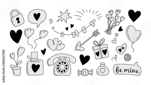 Love Symbols and Romance: A delightful collection of romantic elements, each carefully drawn to evoke the sweet sentiments of love, including hearts, a bouquet, and gifts