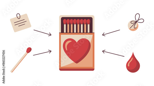 Matchbox Heart: Conceptual Illustration of a matchbox with a heart symbol, and some related elements around.