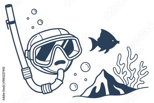 Minimalist flat vector illustration of a person snorkeling with a fish and underwater elements