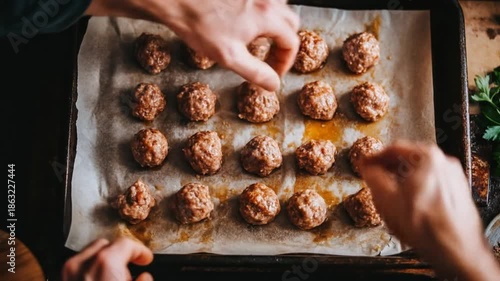 Wallpaper Mural Hands arranging uncooked meatballs on baking sheet overhead view Torontodigital.ca