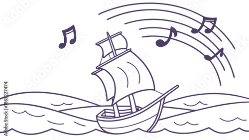 Storybook style vector illustration of a sailing ship with musical notes floating in the sea