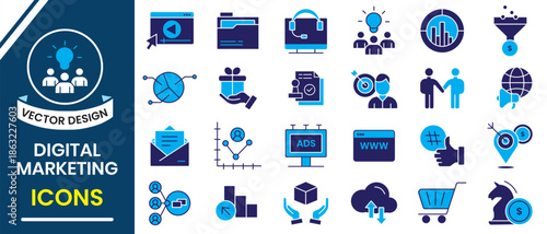 Digital marketing related icon vector. Digital marketing icons. Marketing icons design for web, logo and mobile app. Collection of marketing symbol, Vector illustration.