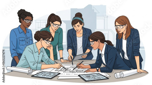 Diverse Business Team Collaborating on Project with Blueprints in Modern Office