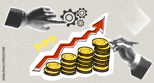 Trendy Halftone Collage businessman hand drawing golden stacks of coins, meaning income from investment. Concept of business strategy, investment, development, market, finance.

