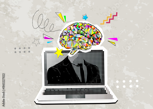 Trendy Halftone Collage Creative mind, brainstorm. Person, businessman, on screen laptop, expert. surrounded geometric shapes.planning and manage to success business,smart idea and teamwork.	