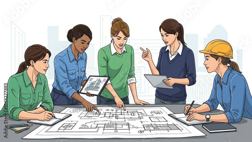 Diverse Team of Architects Collaborating on Blueprint in Modern Office