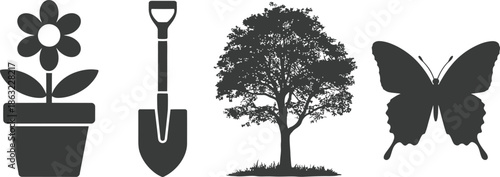 A collection of gardening elements including a flower a shovel a tree and a butterfly on transparent background high-quality professional
