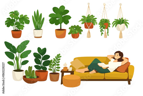 Woman relaxing on a couch surrounded by houseplants