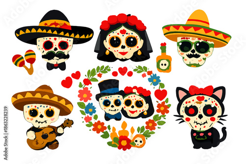Dia de los Muertos Cartoon Skulls and Cat