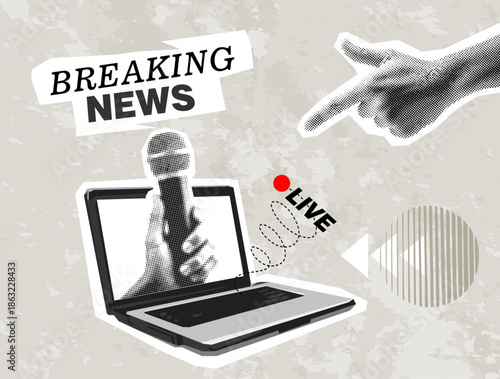 Breaking news concept with reporter hands holding microphones on screen laptop isolated vintage halftone dotted effect retro collage cut-out element for current event urgent update live announcement.	
