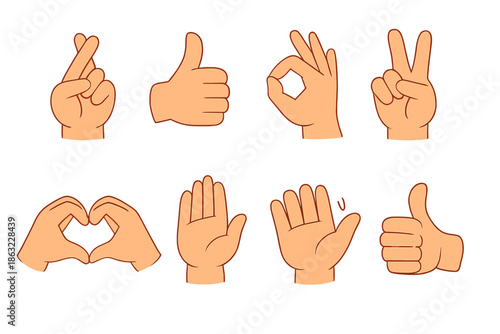 Collection of cartoon hands gestures glowing in orange
