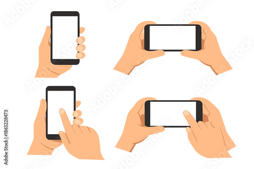Hands holding smartphones in various orientations