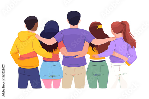 Diverse group of friends embracing each other, celebrating unity and friendship.